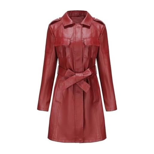 DLLDLGG giacca da motociclista in similpelle con cintura da donna, abbigliamento primaverile autunnale, cappotto da motociclista alla moda(wine red, s)