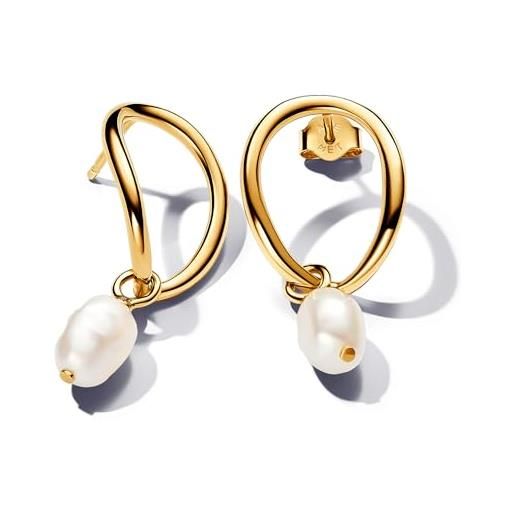PANDORA essence orecchini a bottone placcati in oro 14k con perla coltivata d'acqua dolce trattata bianca barocca, orecchini a goccia lunghi