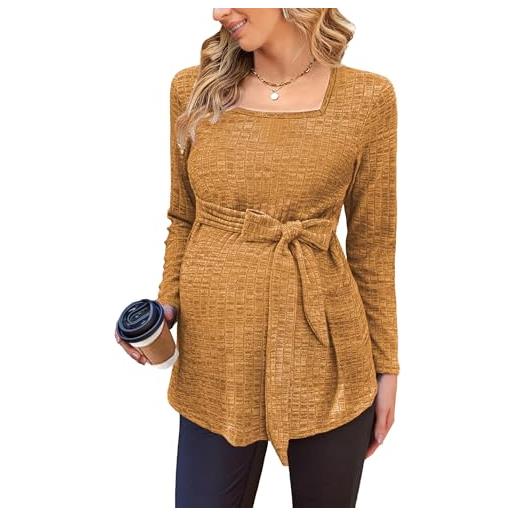 tiorhooe top premaman in maglia da donna a maniche lunghe per allattamento al seno gravidanza top scollo quadrato tunica vestiti premaman, marrone 1, m