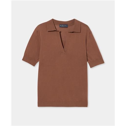 Brooks Brothers silk blend knit polo with johnny collar brown