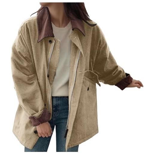Generico giacca da donna oversize barn con bottoni, giacca in tela, colletto a revers in velluto a coste, moda autunno 2024, capispalla alla moda piumino grigio (khaki, m)