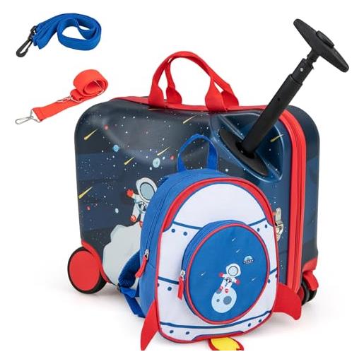 SOARS set di valigia cavalcabile 18'' + zaino 12'' per bambini 2 pezzi, bagagli 2-in-1 di con maniglia telescopica e 4 ruote, trolley bagaglio a mano e zaino per bambini (nero astronauta)
