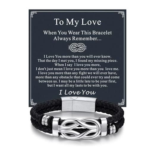 Bandmax braccaile pelle uomo, bracciale uomo con nodo concentrico d'amore in acciaio inossidabile, braccailetto uomo lunga 21cm con scheda speciale, idee regalo per figlio fidanzato papà