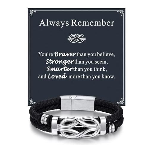 Bandmax braccaile pelle uomo, bracciale uomo con nodo concentrico d'amore in acciaio inossidabile, braccailetto uomo lunga 21cm con scheda speciale, idee regalo per figlio fidanzato papà