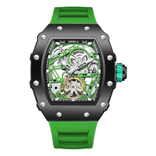 Orologio Da Uomo Meccanico Automatico Tonneau Scheletro – Quadrante Cavo 3D Con Tourbillon, Cinturino In Silicone, Vetro Minerale, Impermeabile 3 ATM – Regalo Di Lusso Con Confezione