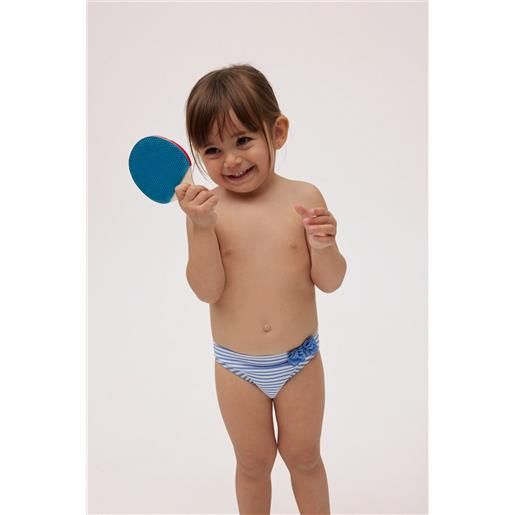 Ysabel Mora costume slip per neonata a righe blu con dettaglio fiore testurizzato