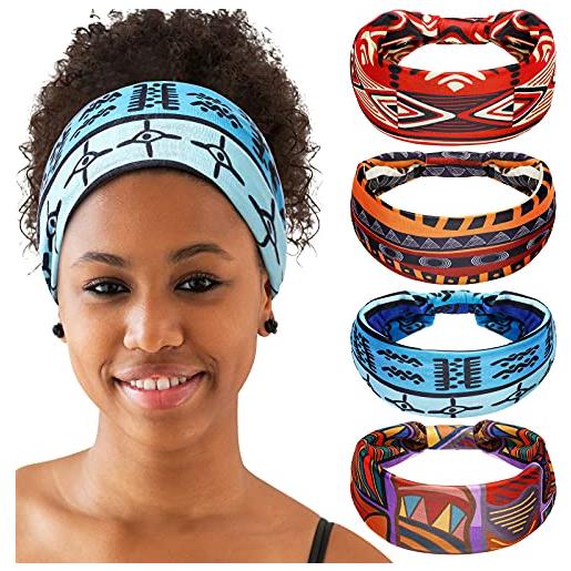 WILLBOND 4 pezzi fasce per capelli africane turbante per capelli boho fasce per capelli annodate larghe elastiche da yoga accessori per capelli per donna e ragazza (serie chic)