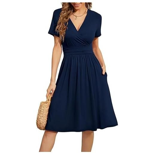 Placitiume abito estivo da donna 2024 con scollo a v a maniche corte floreale con tasche, blu navy, l