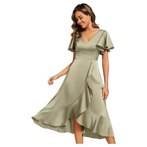 Ever-Pretty abito cerimonia donna eleganti midi a maniche corta con scollo a v e design con volant vestito da damigella d'onore raso bronzo 46