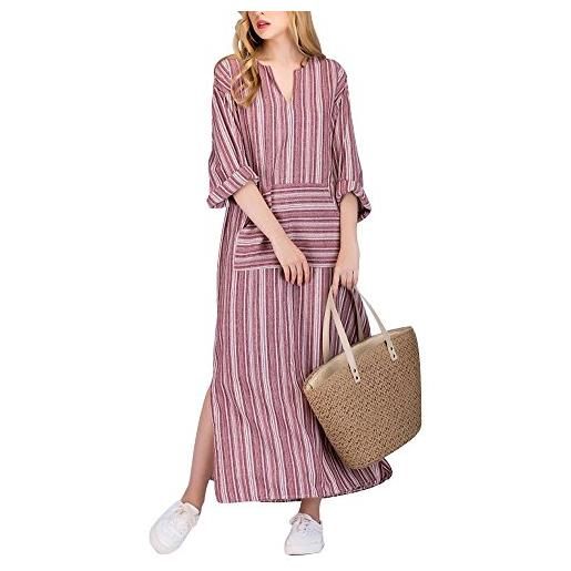 ShallGood donna vestito sciolto manica lunga v scollo retro lino cotone abito elegante estivi abiti a righe maxi dress rosa it 54