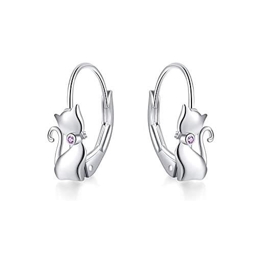 Orecchini Argento 925 Con Gatto E Zircone - Per Donne, Ragazze - Regalo