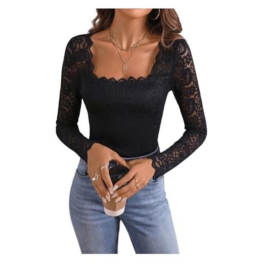 GORGLITTER camicia da donna in pizzo, elegante, a maniche lunghe, in pizzo, vintage, a maniche lunghe, per feste, nero , xl