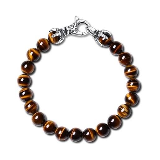 Bracciale Con Perline Da Uomo In Occhio Di Tigre, Chiusura A Moschettone Personalizzata In Argento Da - Foto 4