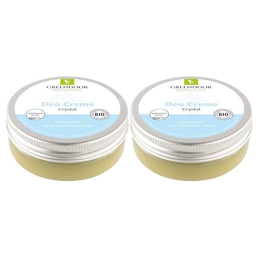 GREENDOOR crema deodorante crystal vegan, confezione da 2 pezzi, 2 x 50 ml, senza odore di sudore, senza sbiancamento, senza zinco, alcool naturale, senza esperimenti sugli animali, dermatologicamente