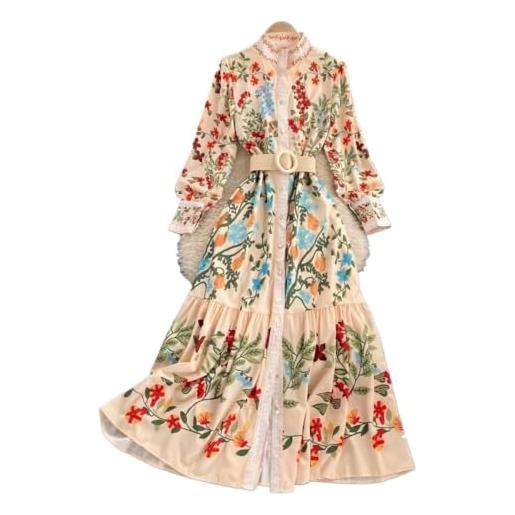 CAEITLRSO abito in stile palazzo retrò con girocollo, maniche lunghe a trapezio con volant, swing a vita alta elegante con orlo plissettato primaverile aut