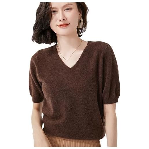 Dvbfufv t-shirt estiva da donna a maniche corte in lana, pullover con scollo a v solido, maglione in cashmere a mezza manica con top in maglia sottile red coffee s