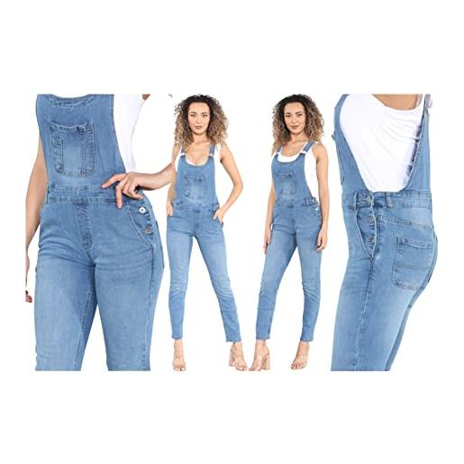 imporio 11® salopette lunga da donna in denim, salopette lunga in denim, taglie 40-10-12-14-16-18-20-22, lavaggio leggero. , 48