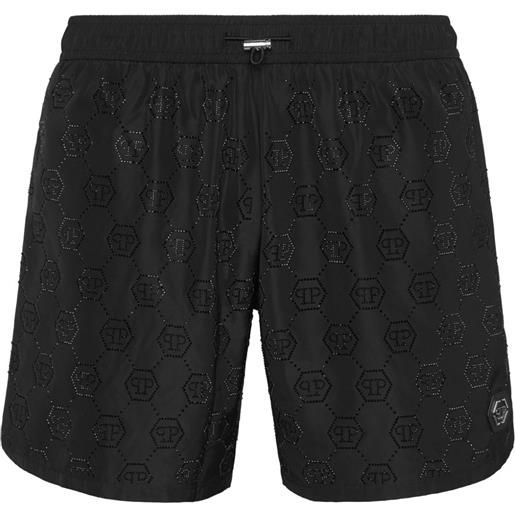 Philipp Plein shorts denim con logo goffrato - nero