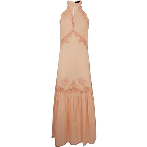 TWINSET abito lungo con scollo all'americana e inserti in pizzo sangallo - toni neutri