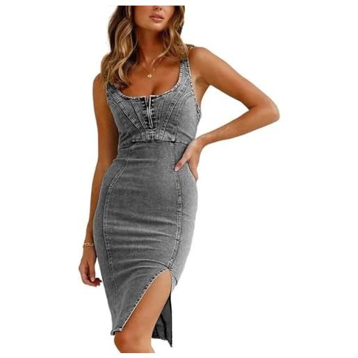cffvdiz sexy bodycon denim abito senza maniche cerniera lato spacco midi jean dress donna, dark gray, xl