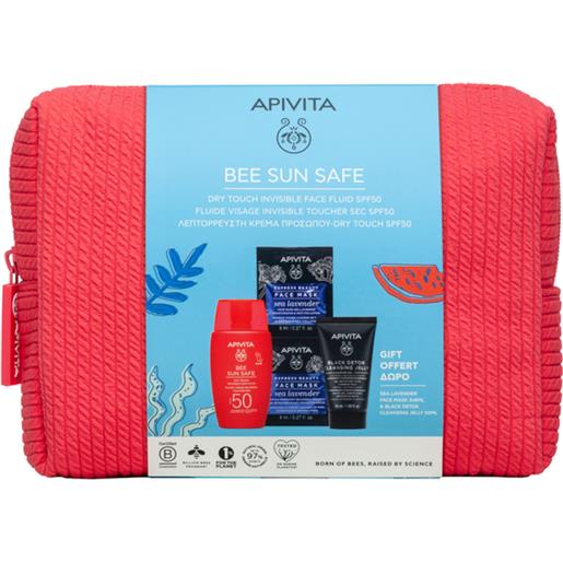 Apivita bee sun safe cofanetto promo fluido viso spf50 in regalo gel detergente nero + maschera viso + pochette