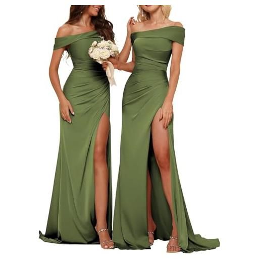 HPPEE abito da damigella d'onore a sirena in raso per le donne con spalle scoperte abito da sera prom party con spacco treno wyx538, verde oliva, 42