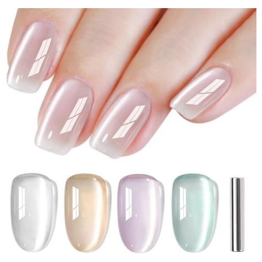 Shining She smalto semipermanente unghie magnetico, 4 colori jelly vetro cristallo rosa verde bianco giallo cat eye smalti semipermanenti per unghie soak-off uv per nail art salone, 8ml