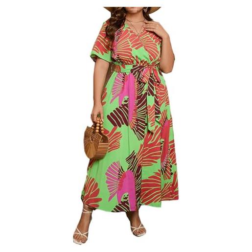 FM2018XSL donna vestito taglie forti estivo stampa floreale manica corta scollo a v casual abito da spiaggia lungo, 5xl, nero