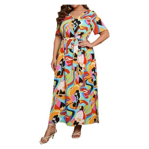 FM2018XSL donna vestito taglie forti estivo stampa floreale manica corta scollo a v casual abito da spiaggia lungo, 5xl, nero