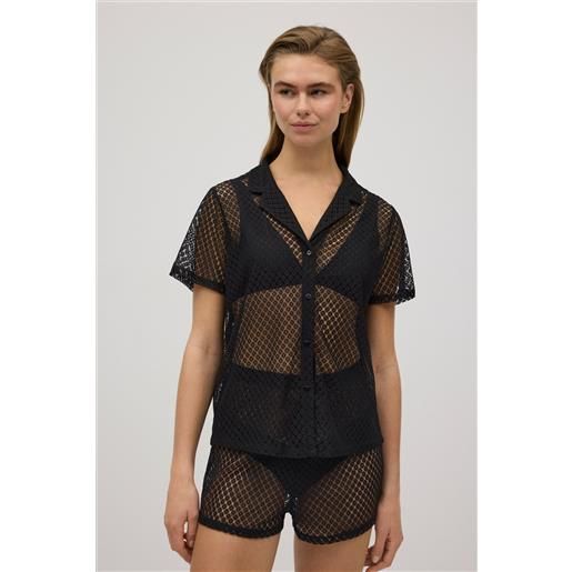 Ysabel Mora camicia nera a maniche corte traforata