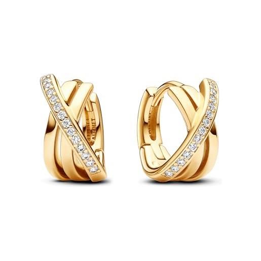 PANDORA signature orecchini a cerchio con incrocio con pavé placcati in oro 14k con zirconia cubica trasparente