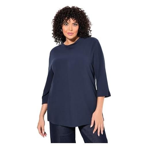 Ulla Popken felpa, coste orizzontali, collo alto, manica 3/4 blu notte scuro 42+ 835740130-42+