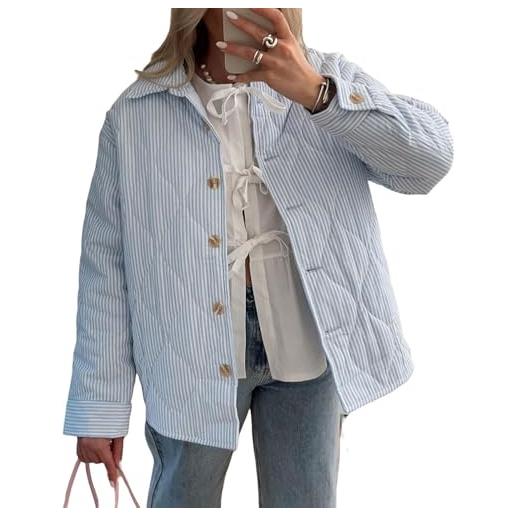 Suncadmious giacca trapuntata leggera da donna y2k con risvolto a righe, ispessita autunno e inverno, trench vintage corta in cotone (blu, xl)