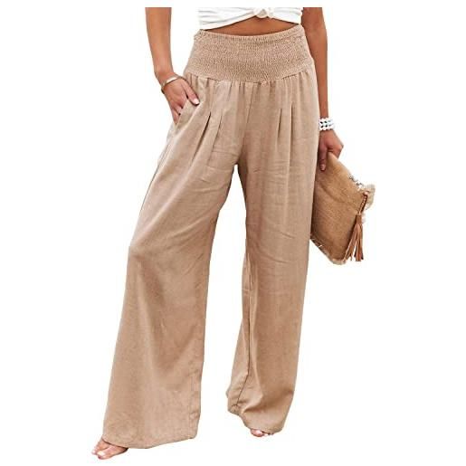 Vansha pantaloni a palazzo estivi da donna, a vita alta, in cotone e lino, a gamba larga, con tasca, cachi, m