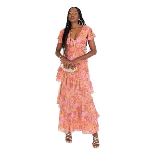Anaya with Love maxi abito da donna con maniche svolazzanti, scollo a v, gonna a balze con lacci sul retro, stampa floreale tropicale, corallo, 46