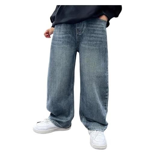 Generisch 2025 - pantaloni jeans da ragazzo con elastico in vita per bambini primavera/denim pantaloni baggy jeans cargo's, blu, 11-12 anni