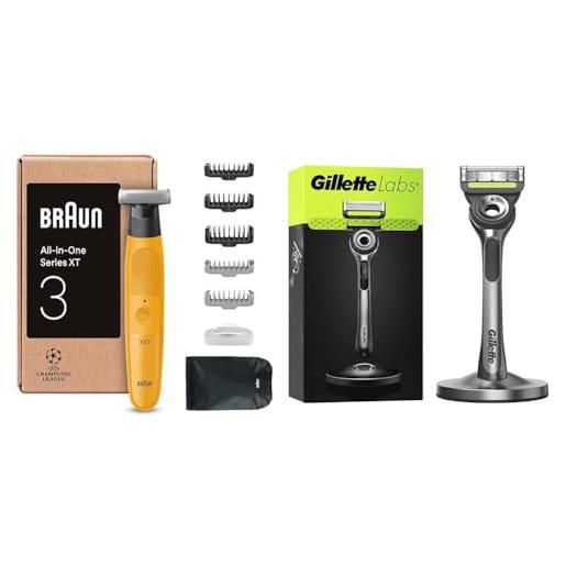 Braun rasoio elettrico barba uomo xt3 tutto-in-uno, regolabarba, +7 strumenti di styling, giallo & rasoio gillette labs con 1 lamette gillette, base magnetica e barra integrata, grigio