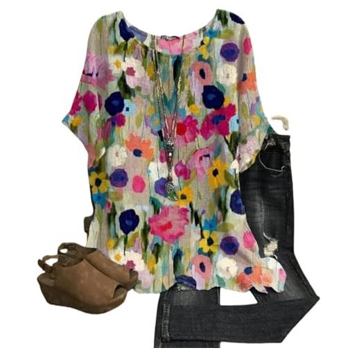 WUQILONGBANG top da donna vintage con stampa floreale, scollo rotondo, estate 2024, casual, con stampa floreale, taglie forti, 42, l