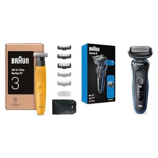 Braun regolabarba uomo xt3 tutto-in-uno, +7 strumenti di styling, giallo & rasoio elettrico barba Braun serie 5, rifinitore di precisione ed effetto barba incolta, series 5, blu