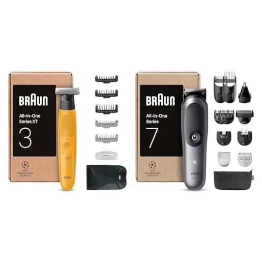Braun rasoio elettrico barba uomo xt3 tutto-in-uno, regolabarba, +7 strumenti di styling, giallo & rasoio elettrico corpo uomo series 7, +8 strumenti cura corpo, taglia peli naso e orecchie, grigio