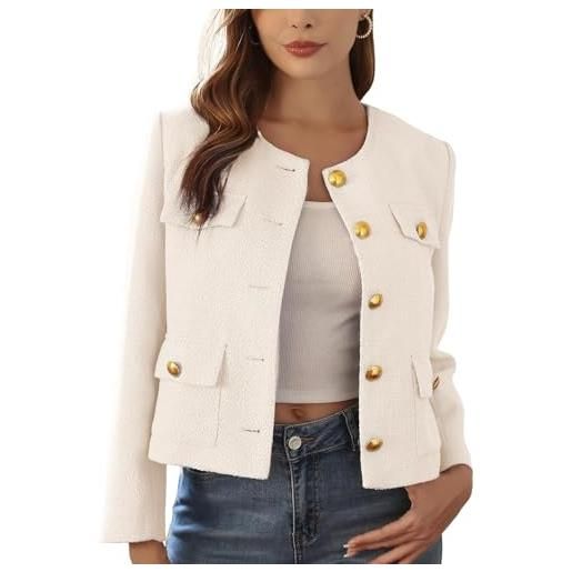 Goolecrimp donna tweed lavoro ufficio giacca moda risvolto business casual risvolto abito giacca elegante girocollo tasca business abito casual (mandorla, m)