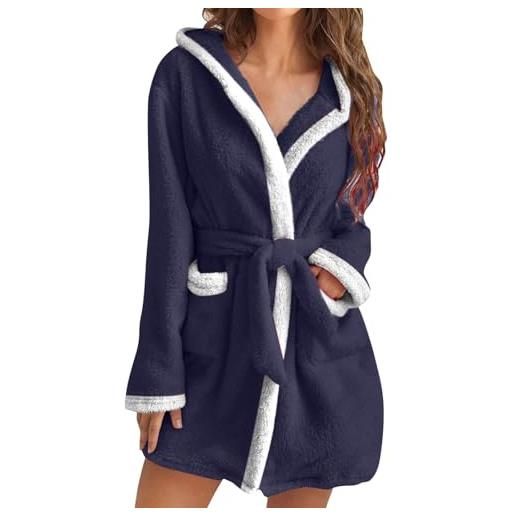 Generic vestaglia da donna con cappuccio, morbida vestaglia invernale calda con tasche, vestaglia super morbida in peluche termico, camicia da notte leggera in pile, marina militare, s