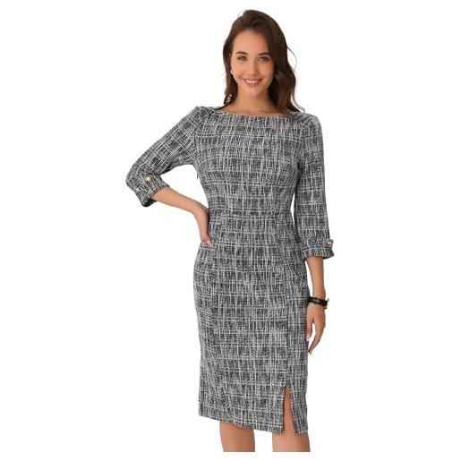 Allegra K vestito elegante donna in tweed abito maniche 3/4 con scollo a barca tubino da lavoro nero l