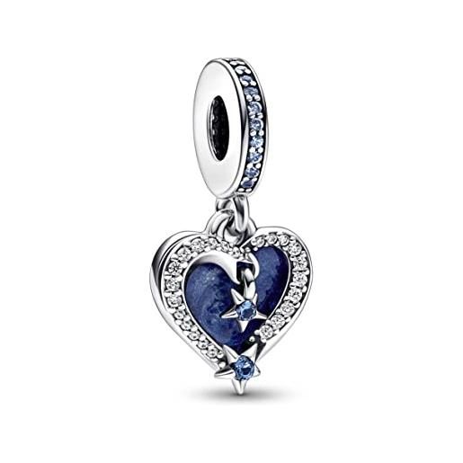 PANDORA pendente moments con stella e cuore in argento sterling con cristallo blu chiaro di luna, zirconi cubici trasparenti e smalto blu chiaro scintillante