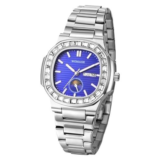 Gosasa Orologio Uomo Al Quarzo Con Strass | Cassa Tonneau 45x55 Mm, Cinturino In Gomma Nero E Argento | Fluorescente E Data
