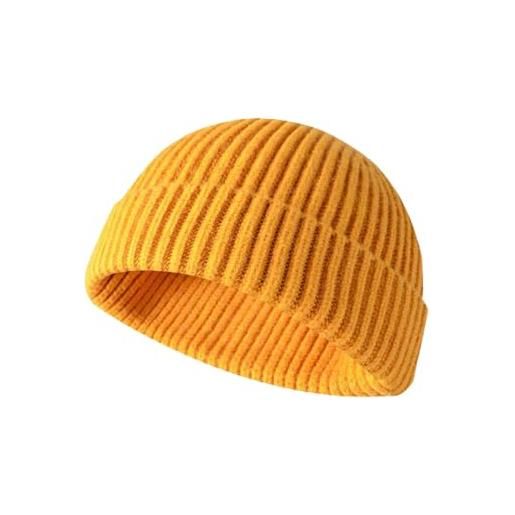 UKKD cappello lavorato a maglia bonnet donne uomini breve dome caps solido nuovo berretto da sci berretti cap sbuffo tappo signore protezione del bambino, giallo
