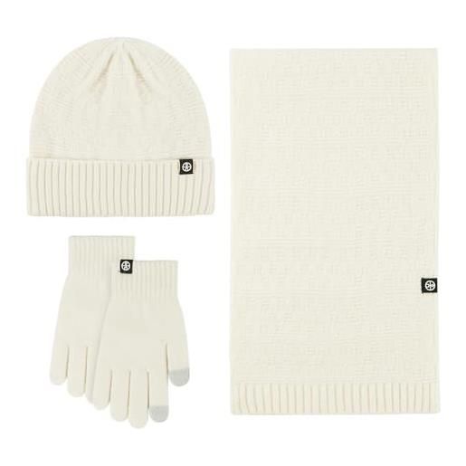 HGRYNDRO cappello invernale uomo sciarpa beanie degli uomini invernali con guanti touch screen set, cappello lavorato a maglia 3 pezzi guanti caldi sciarpa lunga-bianco sporco