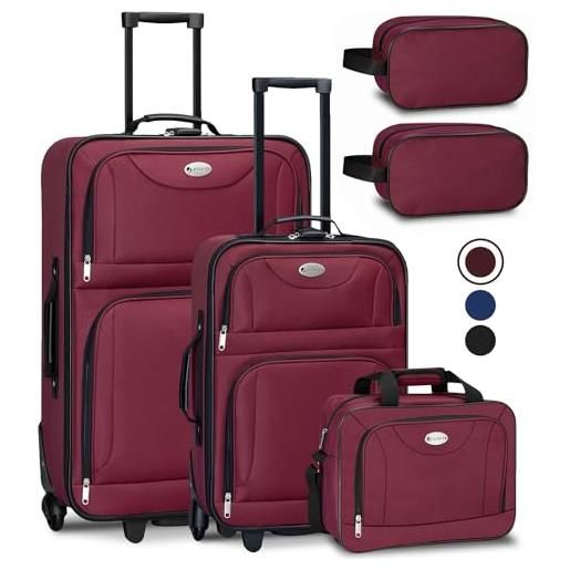 Juskys set valigia trolley 5 pezzi - 60 litri, 2 ruote, guscio morbido, tessuto idrorepellente, leggero, bagaglio a mano - valigia bordeaux
