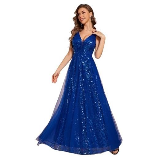 Ever-Pretty vestito da cerimonia maxi paillettes abiti da sera donna elegante slim vita alta brillantini tulle blu zaffiro 48