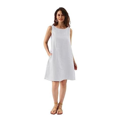 Amazhiyu abito in lino da donna, senza maniche, abito estivo da spiaggia, a linea, abito da donna, estivo, a maniche lunghe, girocollo, abito da tempo libero, con tasche, lino, m